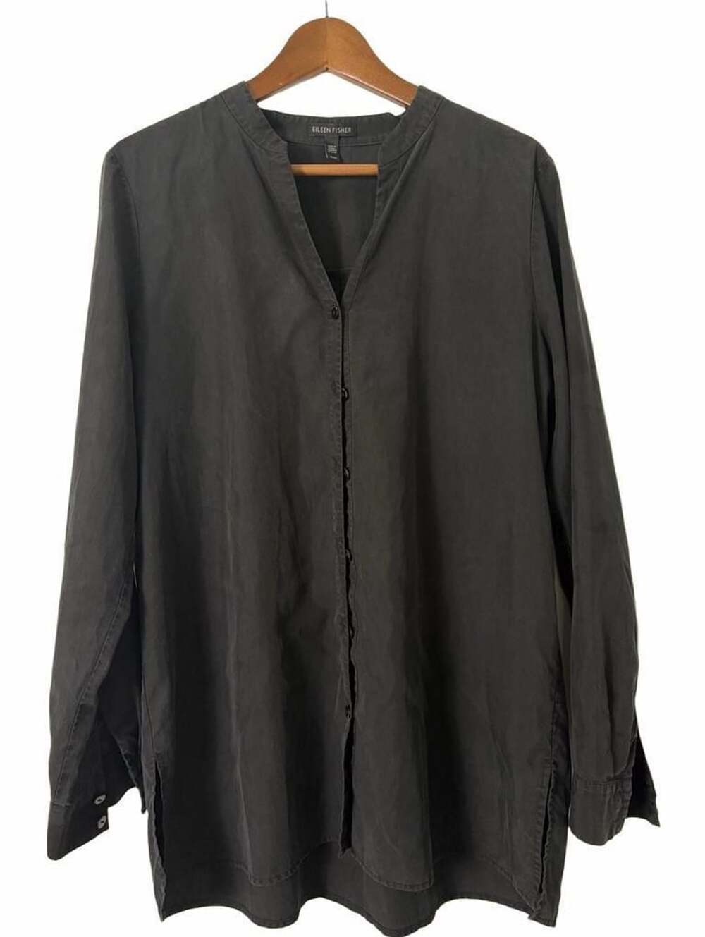 Eileen Fisher Band Collar Tunic Button Up Shirt Black Medium
